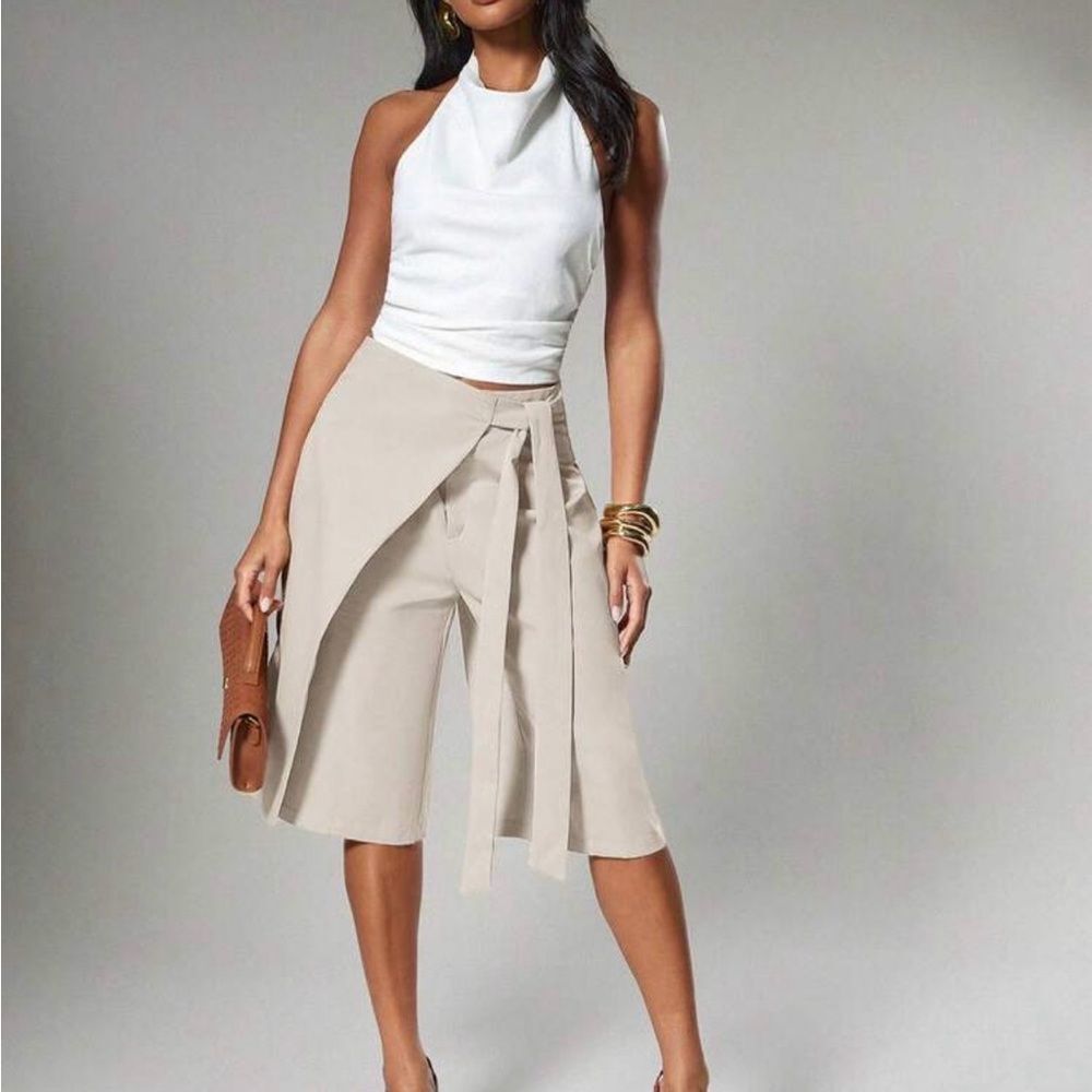 NEW Cream Draped Wide-Leg Capris with Tie Belt